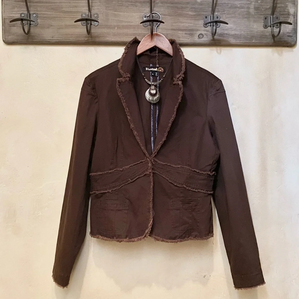 πͺΆ3/$50 Boho Raw Edge Fringe Brown REWIND L/S Fine Corduroy Blazer-XL - Picture 8 of 16